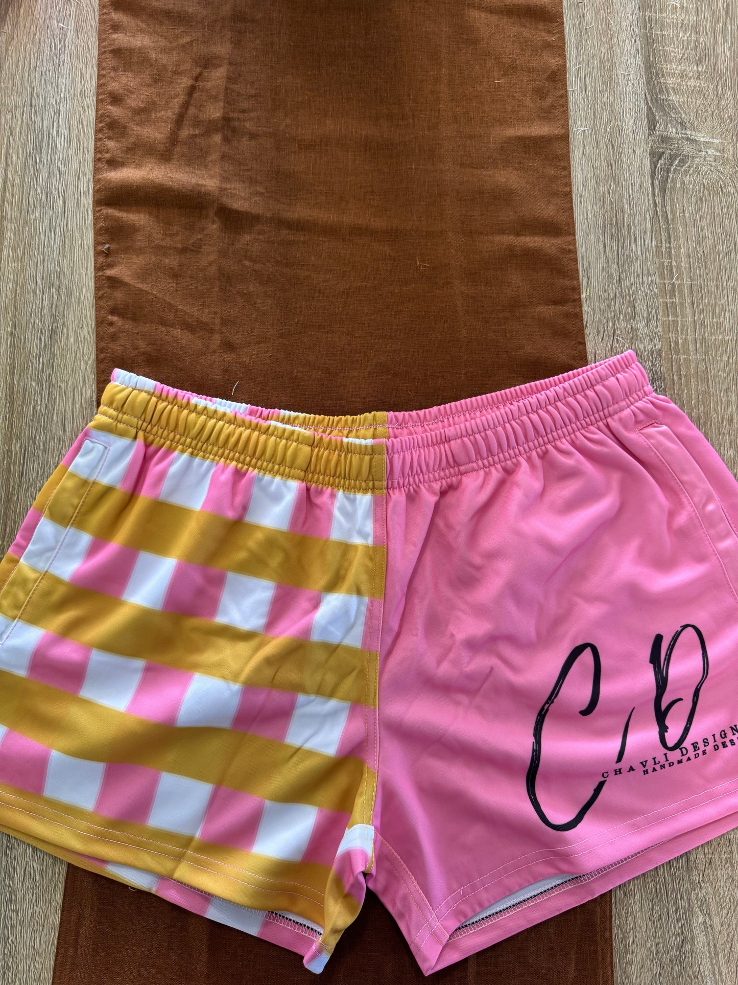 Footy Shorts - Pink & Yellow Check with Pink Side