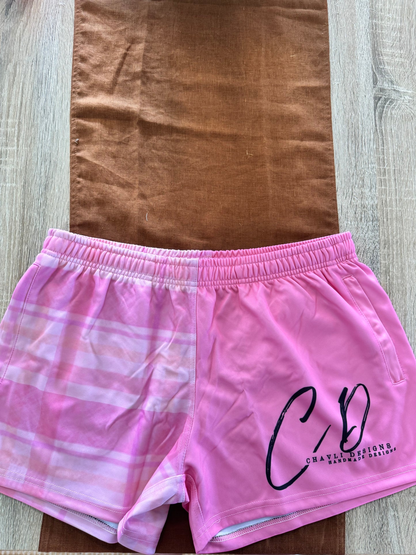 Footy Shorts - Pink Check with Pink Side