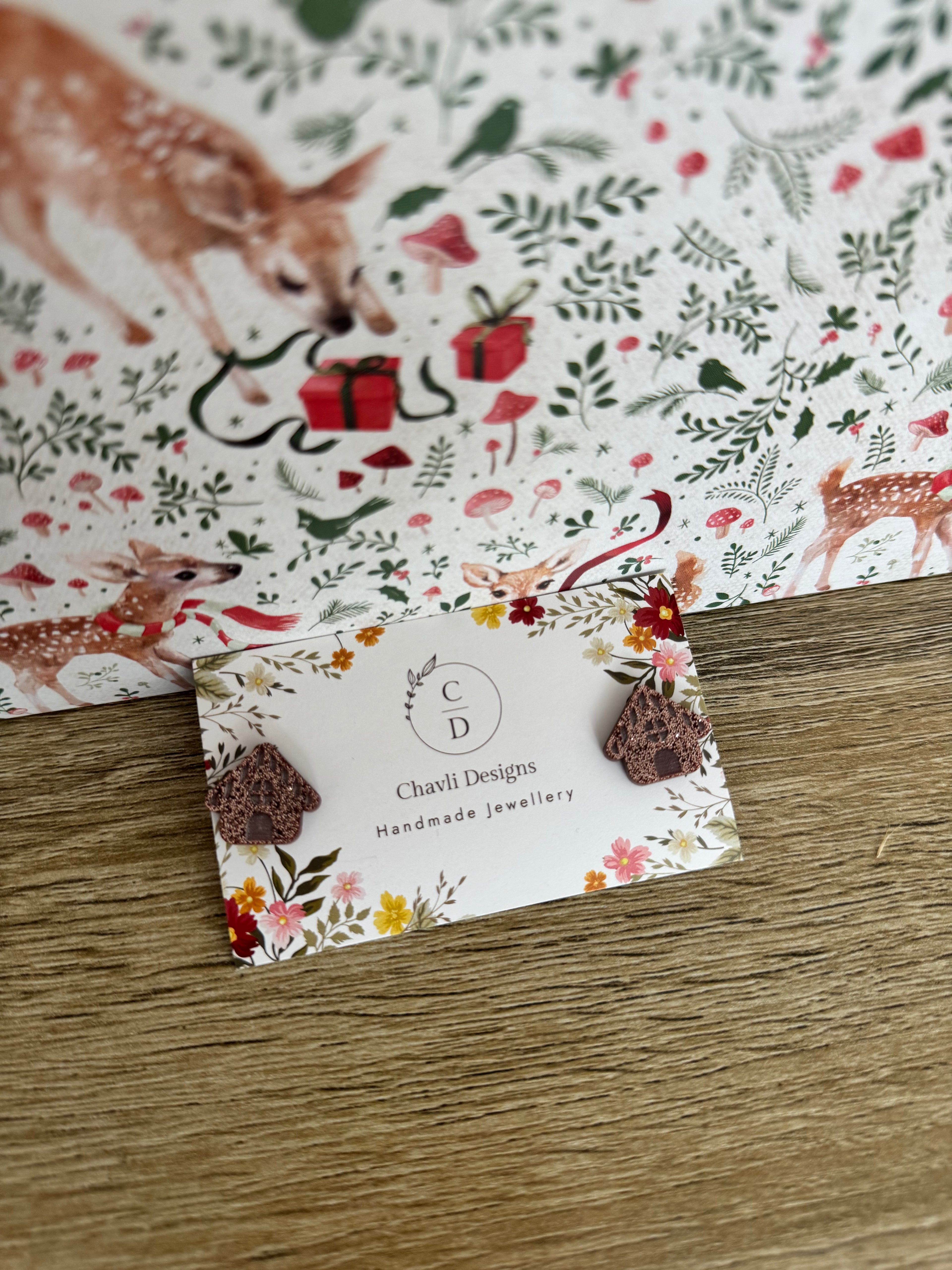 Copper Glitter Gingerbread House Earrings