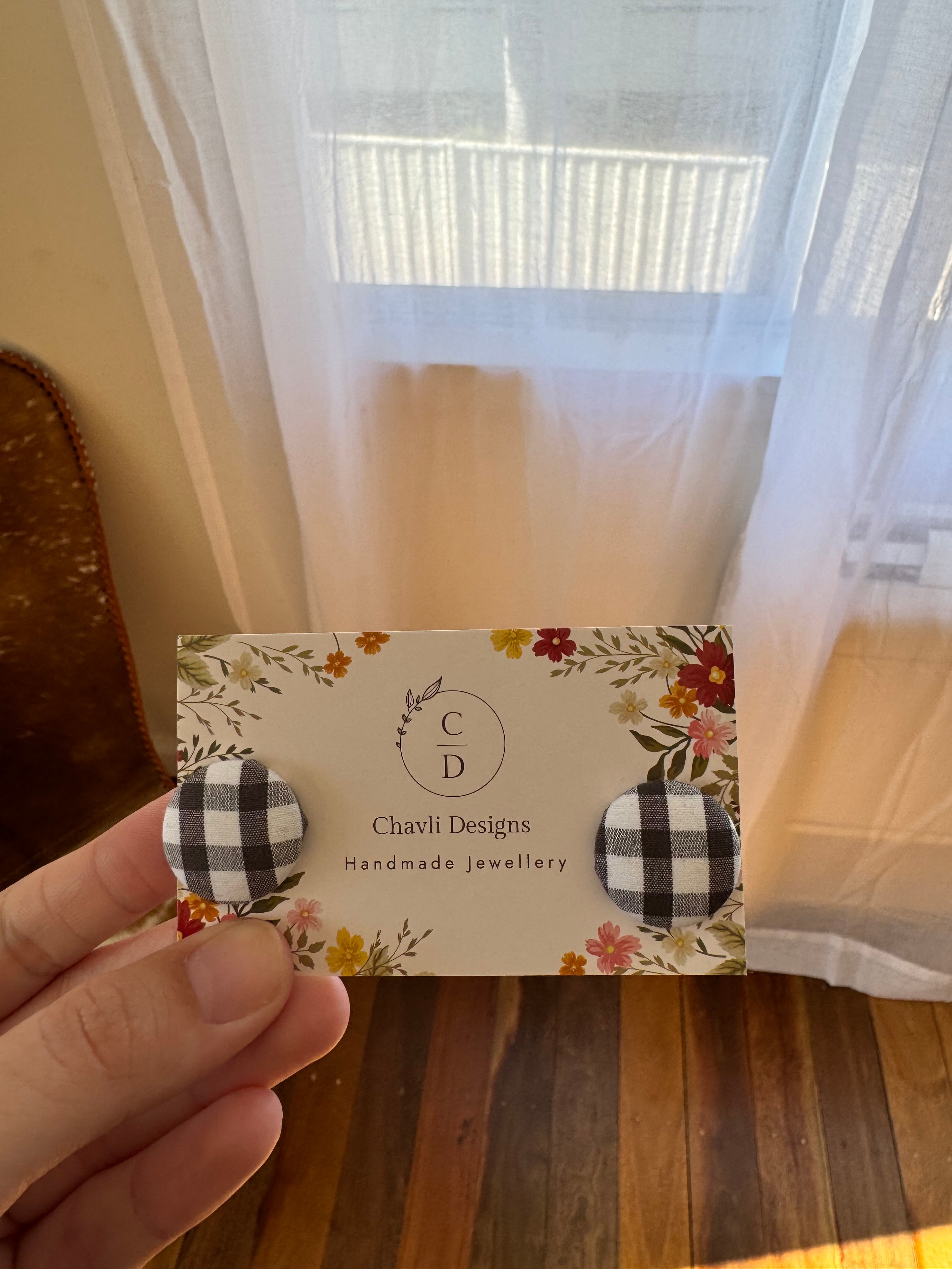 Grey & White Gingham Fabric Earrings