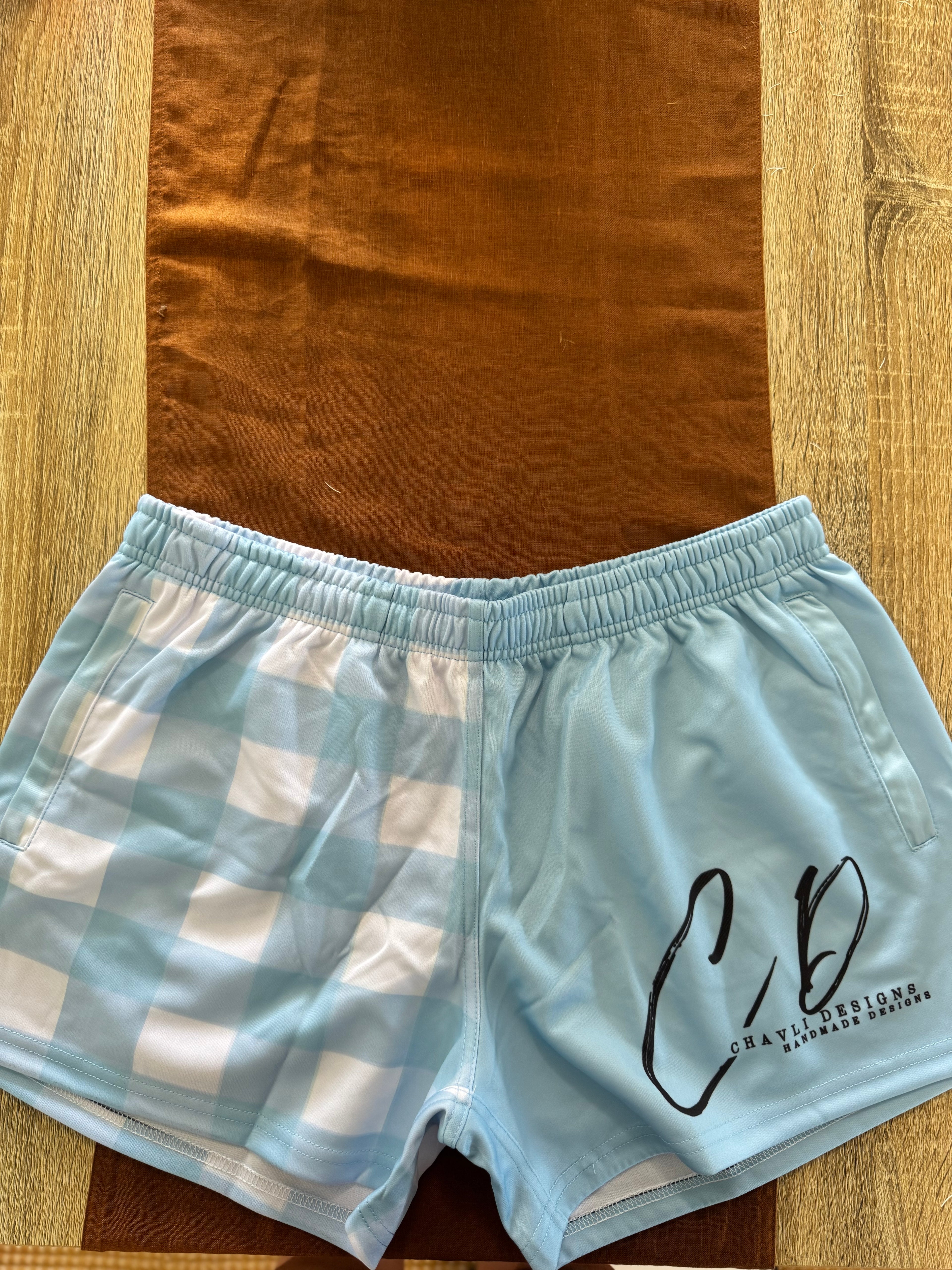 Footy Shorts - Blue Check with Blue Side