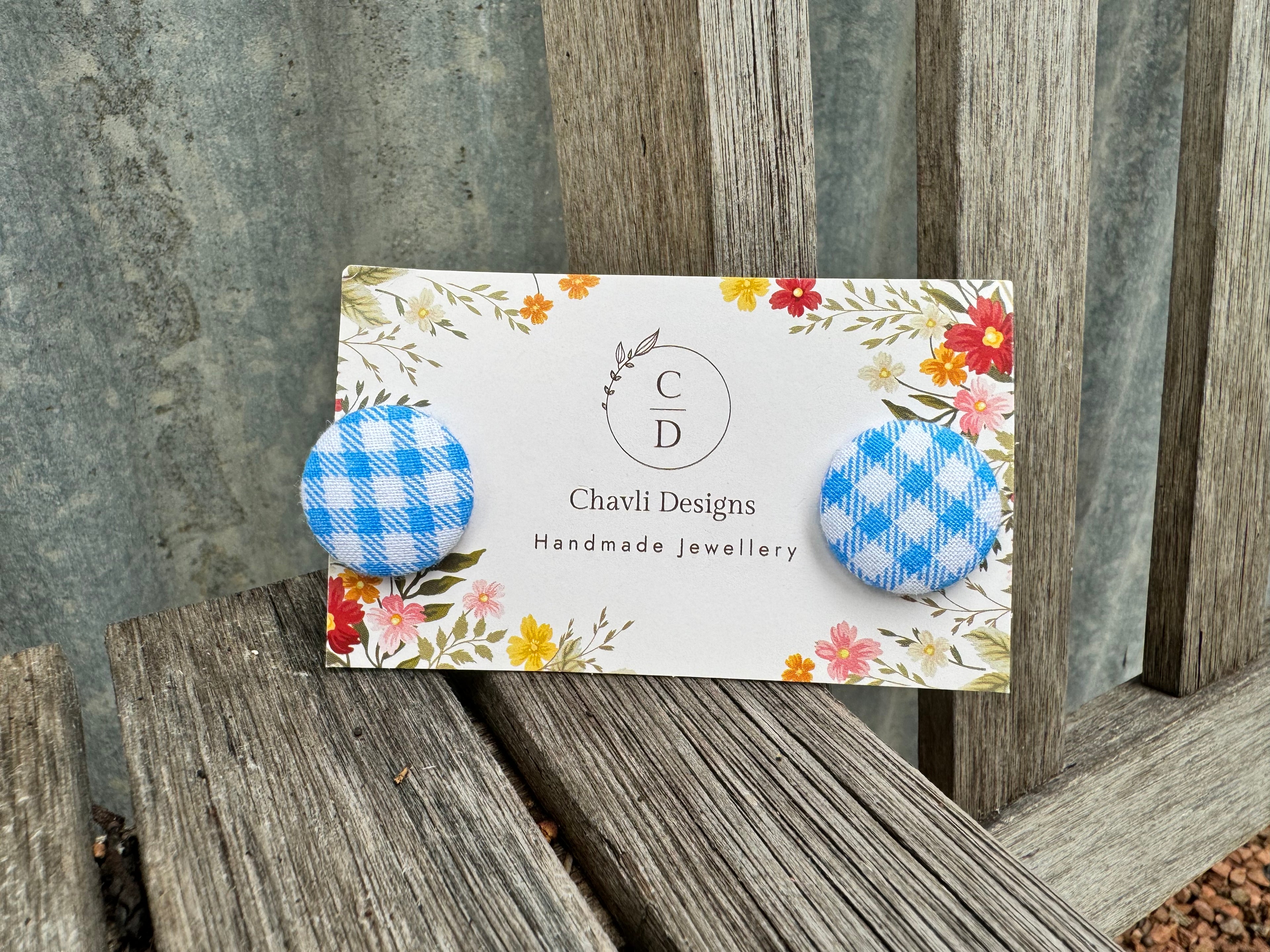 Fabric Blue Check Earring