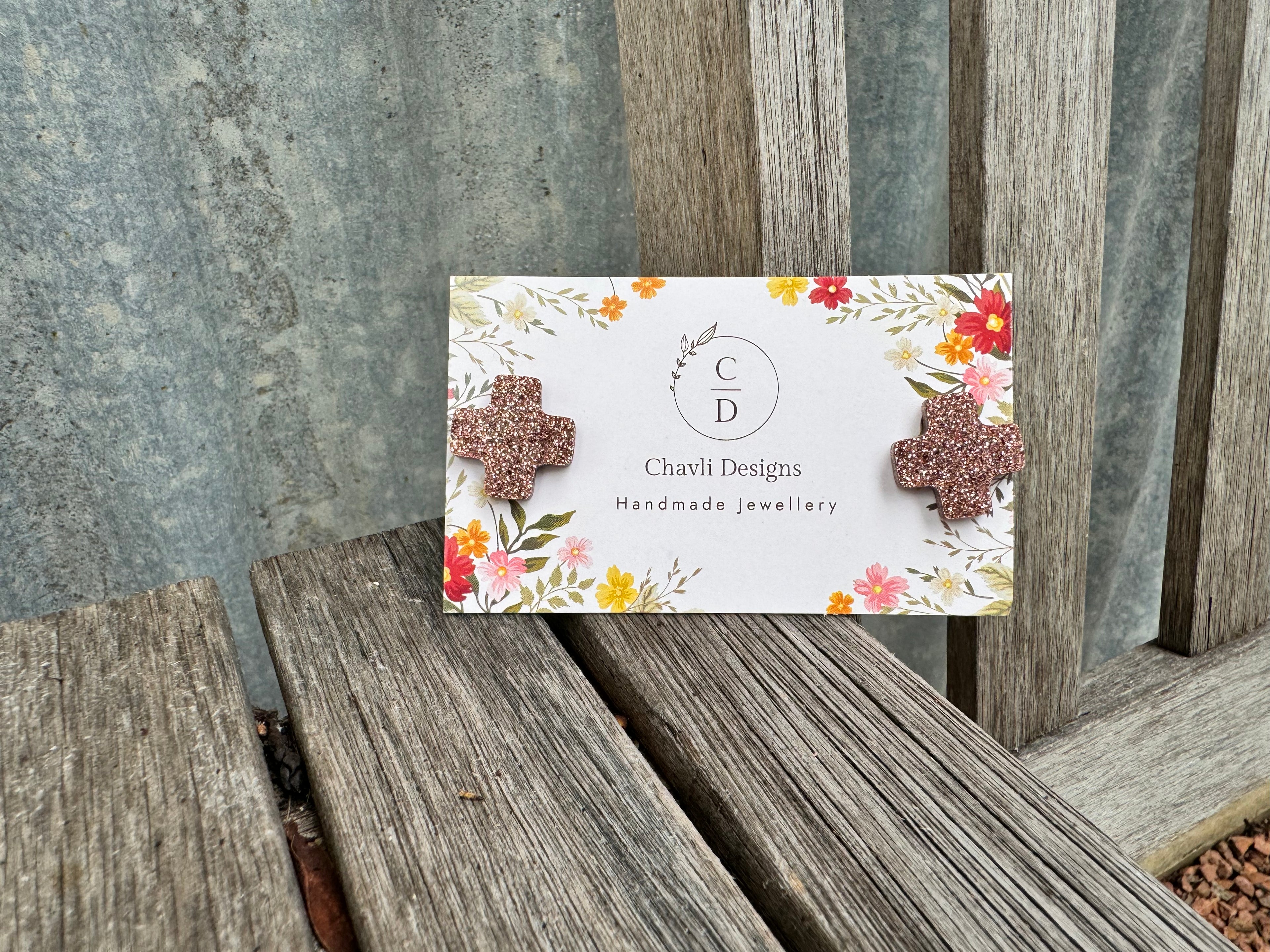Copper Glitter Cross Earrings