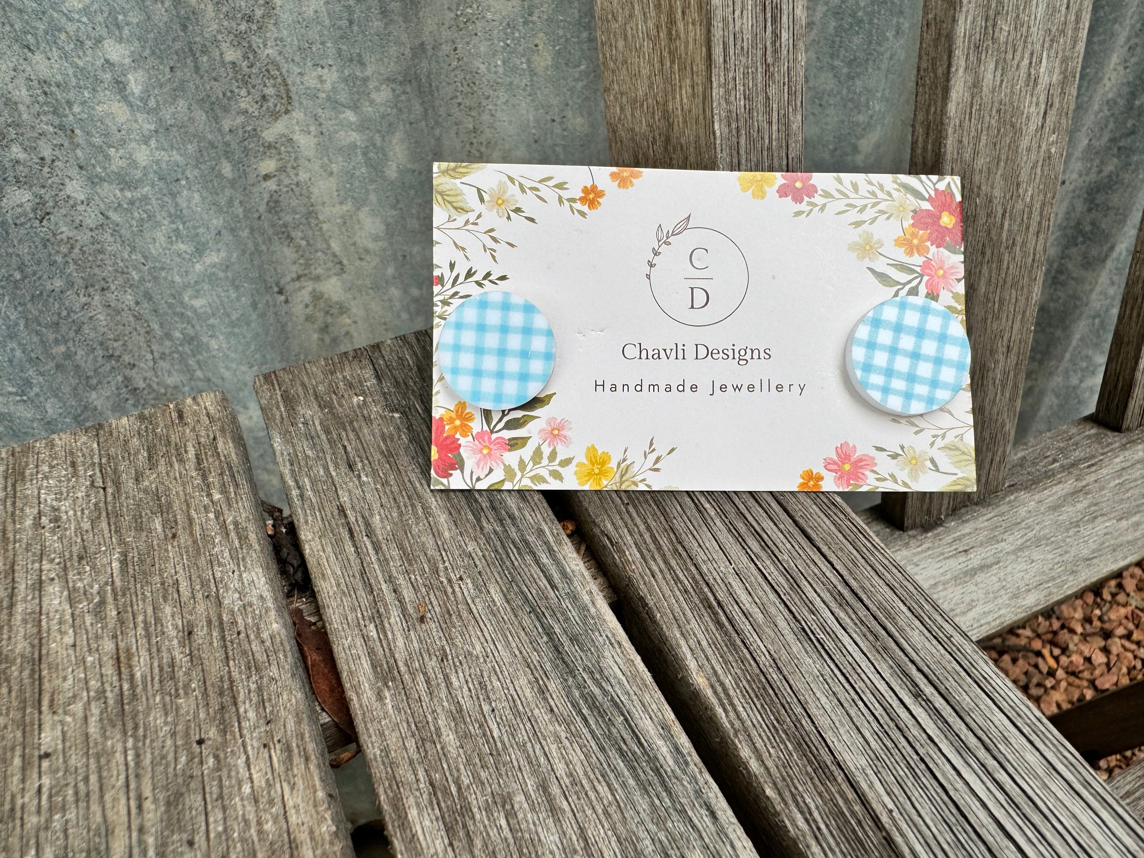 Blue Gingham Circle Earrings