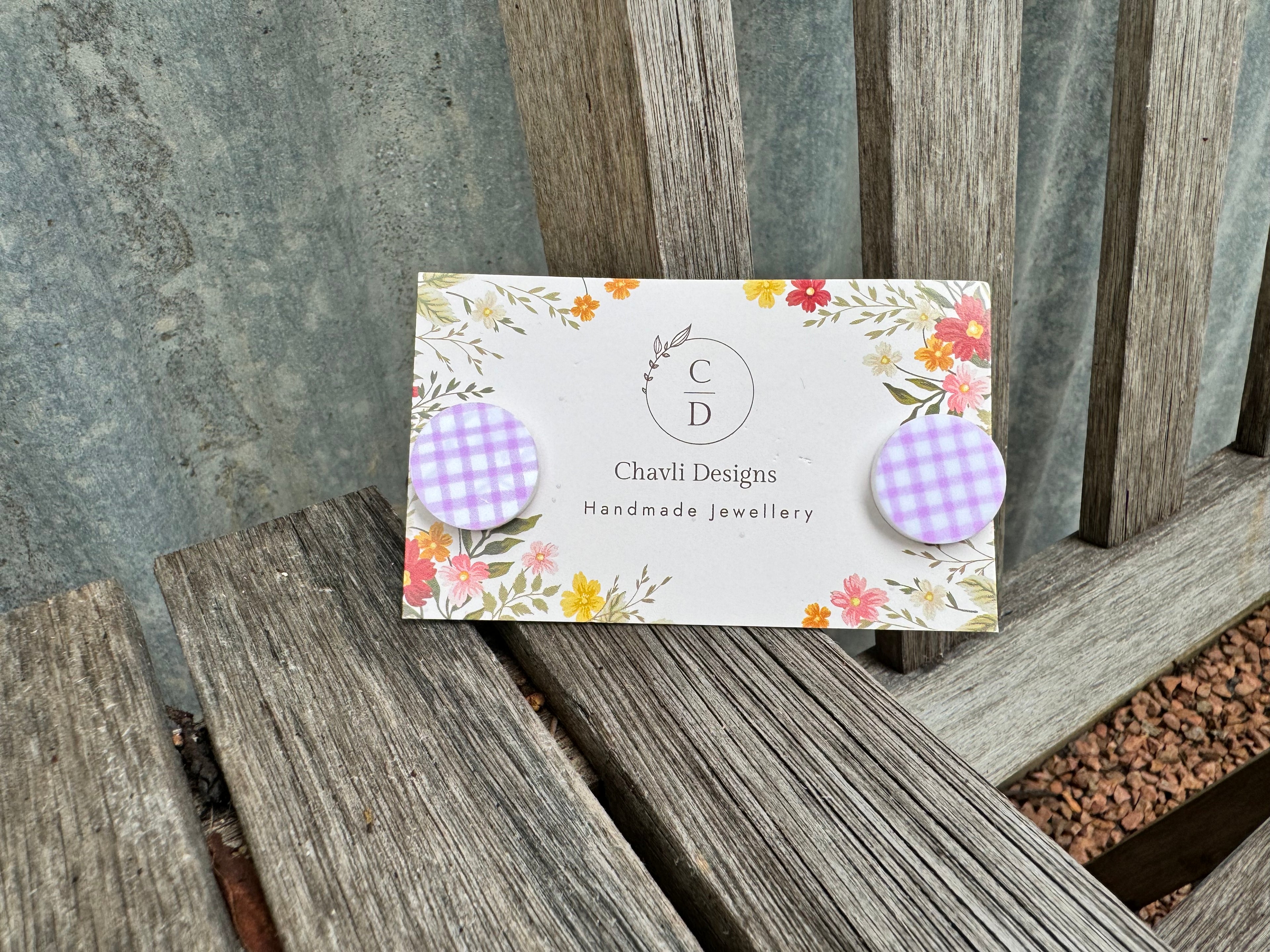 Purple Gingham Circle Earrings