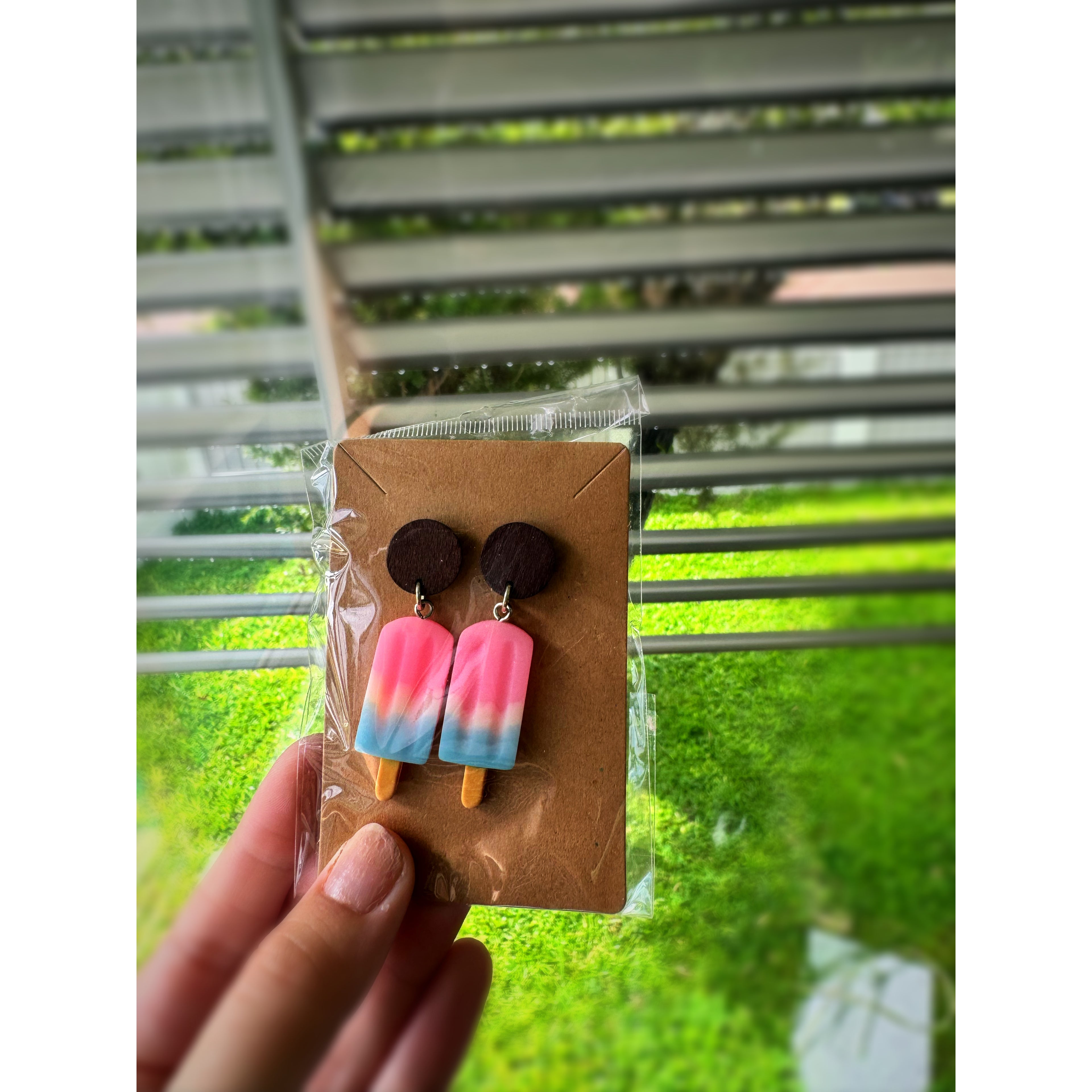 Wood with Pink,White and Blue Icy Pole